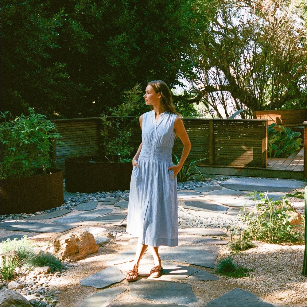 Buttoned-down shirred midi dress in stripe blue